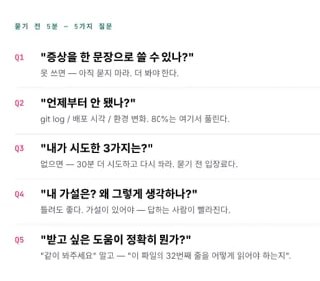 묻기 전 5분 — 5가지 질문: 증상 한 문장 / 언제부터 / 시도한 3가지 / 내 가설 / 원하는 도움