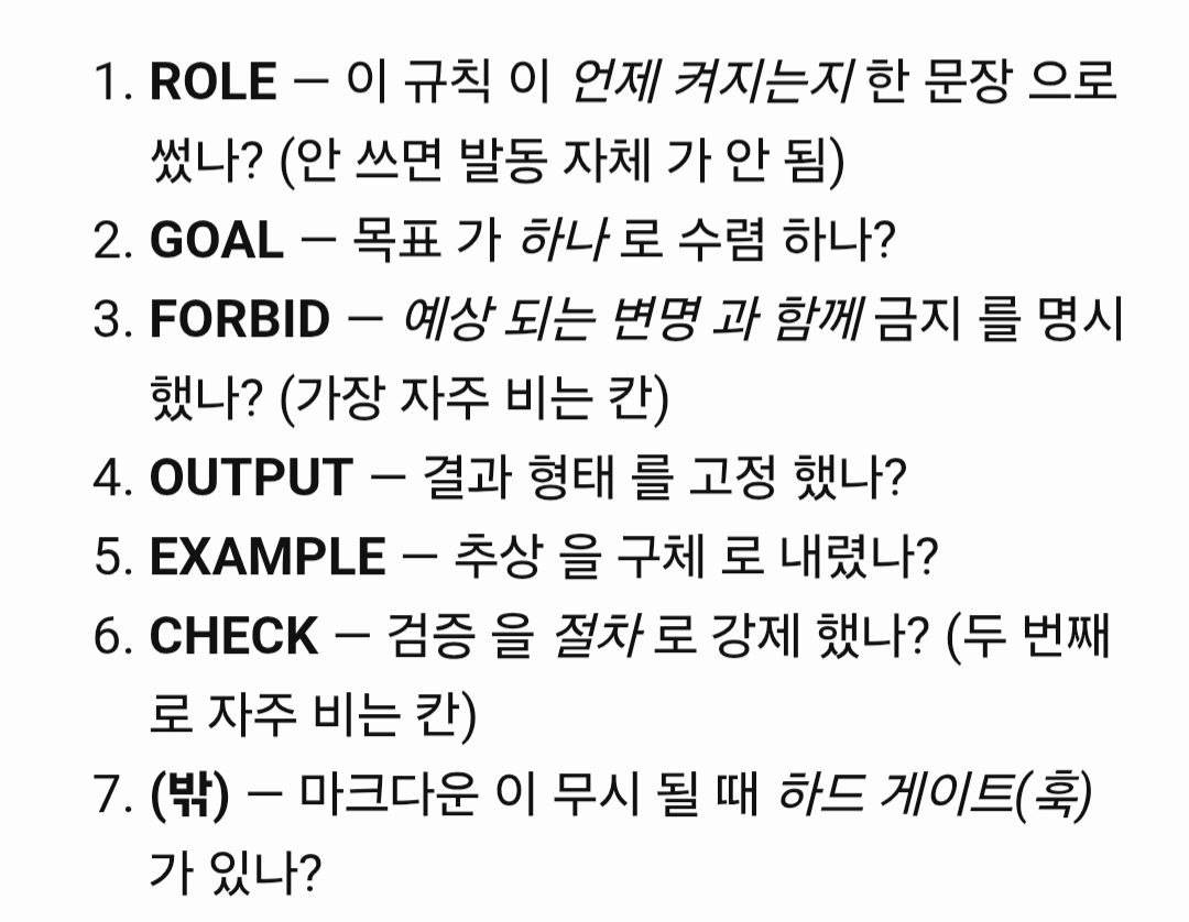 하네스 7슬롯 체크리스트 — 1.ROLE(언제 켜지는지) 2.GOAL(하나로 수렴) 3.FORBID(변명과 함께 금지·가장 자주 비는 칸) 4.OUTPUT(형태 고정) 5.EXAMPLE(추상→구체) 6.CHECK(검증을 절차로·두번째로 자주 비는 칸) 7.훅(마크다운 무시될 때 하드 게이트)