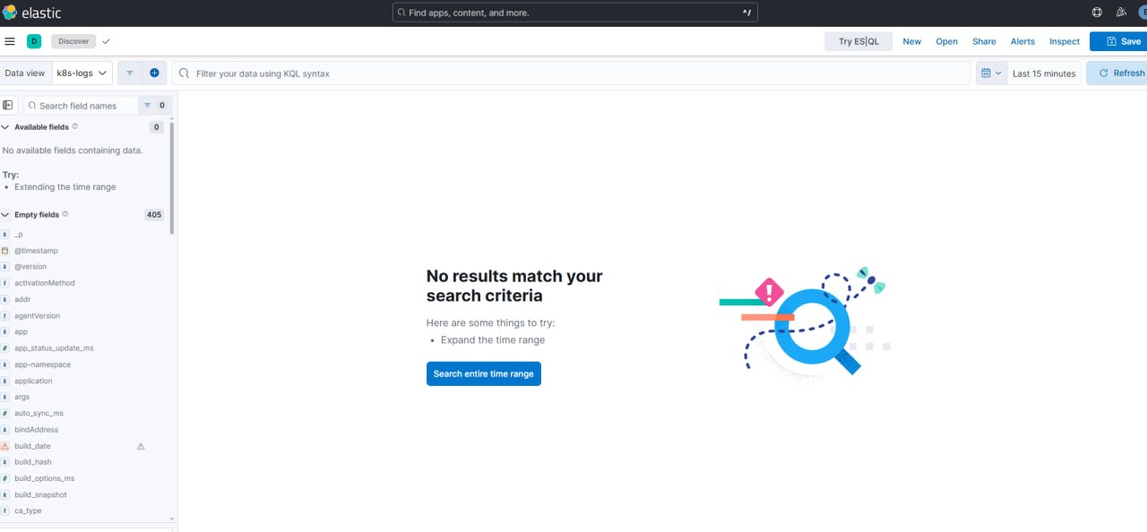 Kibana Discover — k8s-logs 데이터뷰, KQL 검색, 시간 범위 조정