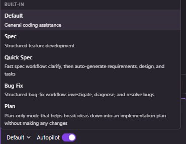 Kiro 채팅 입력창의 에이전트 선택 드롭다운. BUILT-IN: Default(General coding assistance), Spec(Structured feature development), Quick Spec(Fast spec workflow), Bug Fix(Structured bug-fix workflow), Plan(Plan-only mode). 아래에 "Default" 선택과 Autopilot 토글(켜짐)